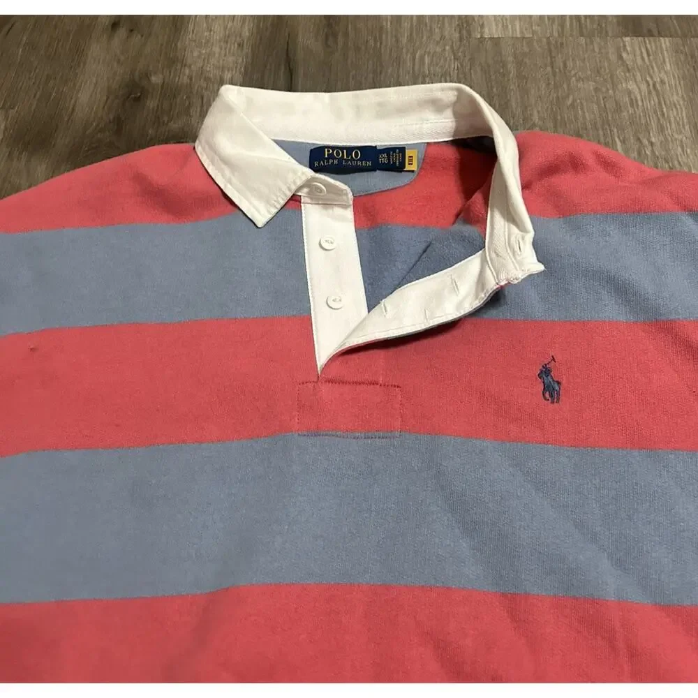 Polo Ralph Lauren Mens 2XL Striped Fleece Rugby Shirt Coral Pink Blue Casual